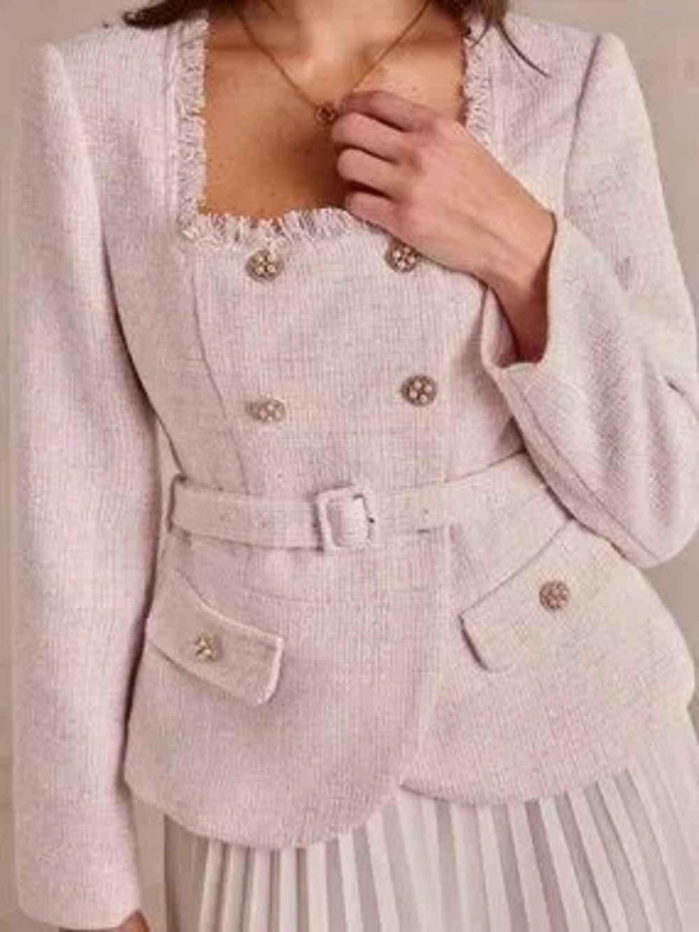 Pink Elegant Women's Belted Square Neck Regular Fit Plain Jacket